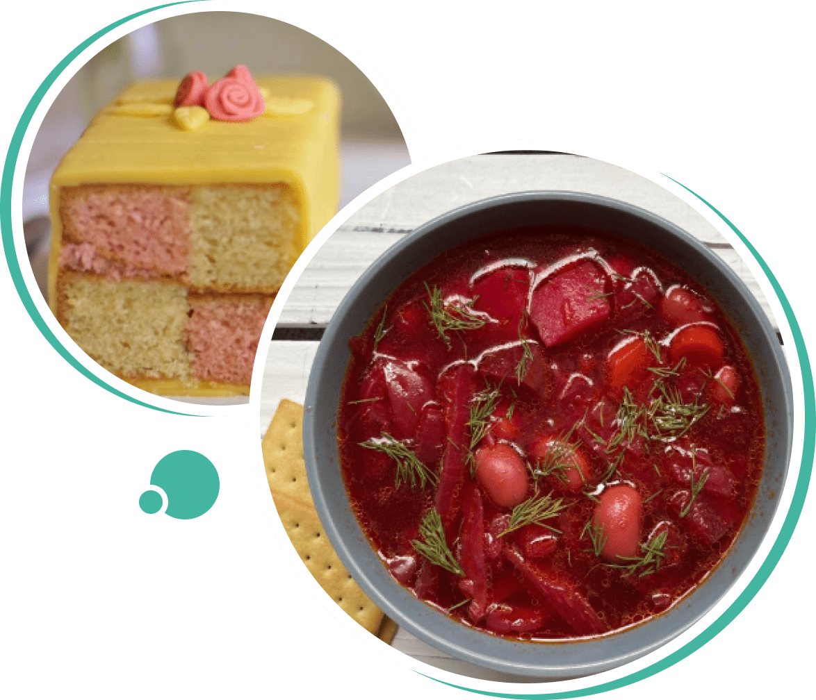 Two preview dishes of a dessert and a soup
